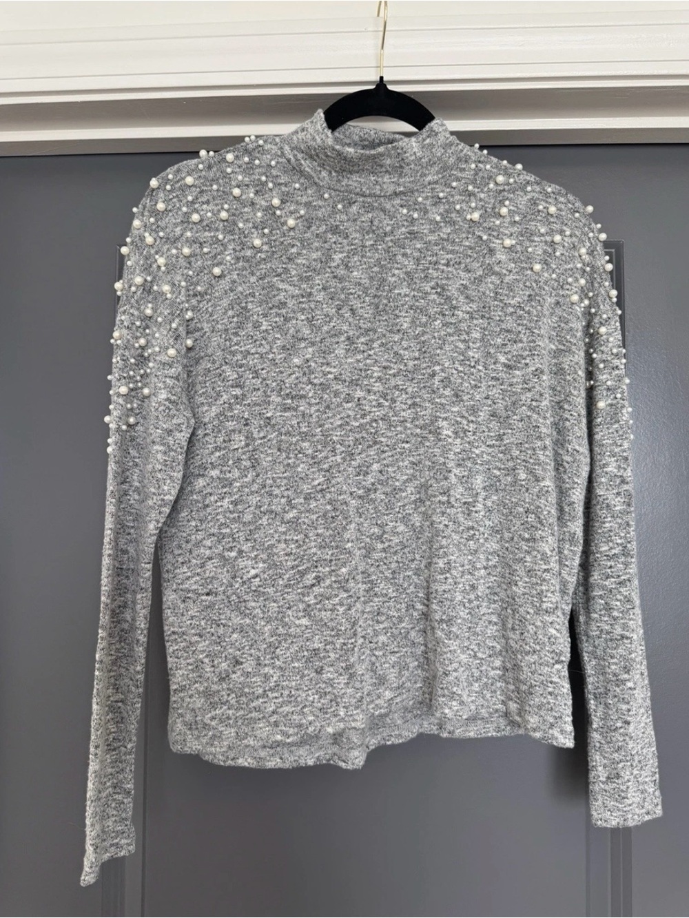 H&M Grey Mock Neck Sweater with Pearl Shoulder Embellishments